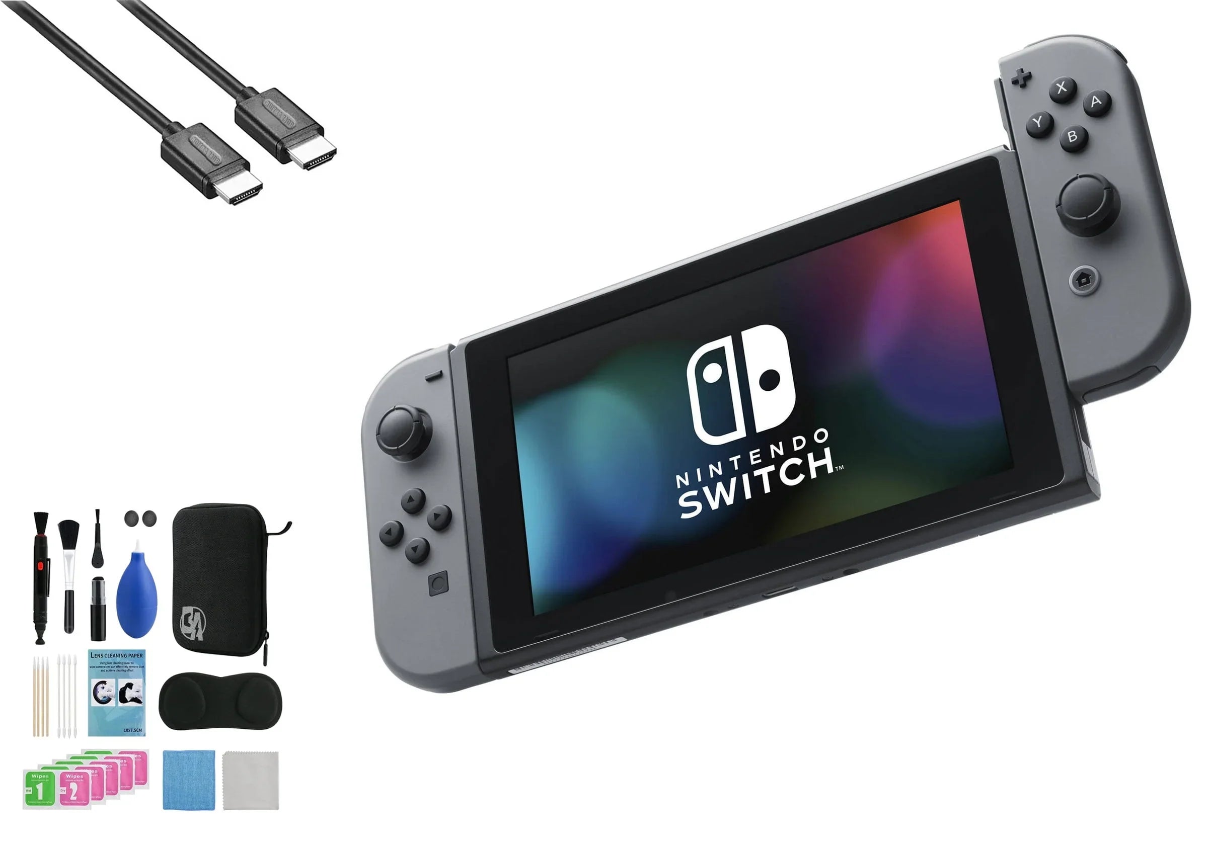 & Gray with Nintendo Gray Cable Cleaning BOLT Switch New - Kit Joy-Con AXTION Bundle HDMI Like