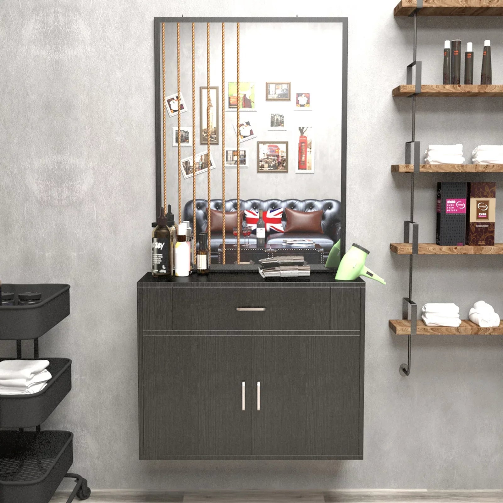 (Black) Styling Drawer, 2 Spa Station Doors Salon Mount Hair Artist Wall Mirror, Makeup Hand with Barber