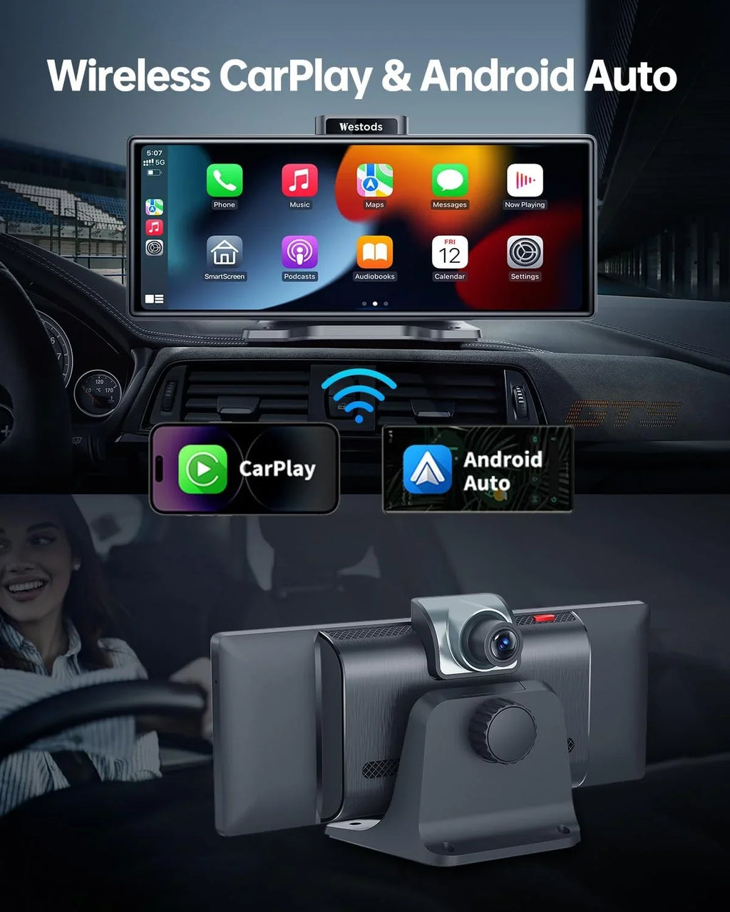 Carplay CAIHONG Detachable Screen with IPS Bluetooth, Touchscreen, Radio Camera, & Cam Auto 2.5K & Navigation, & Portable Car Mount, 10.26" HD Stereo, Wireless 1080P Backup Adjustable Android GPS Dash
