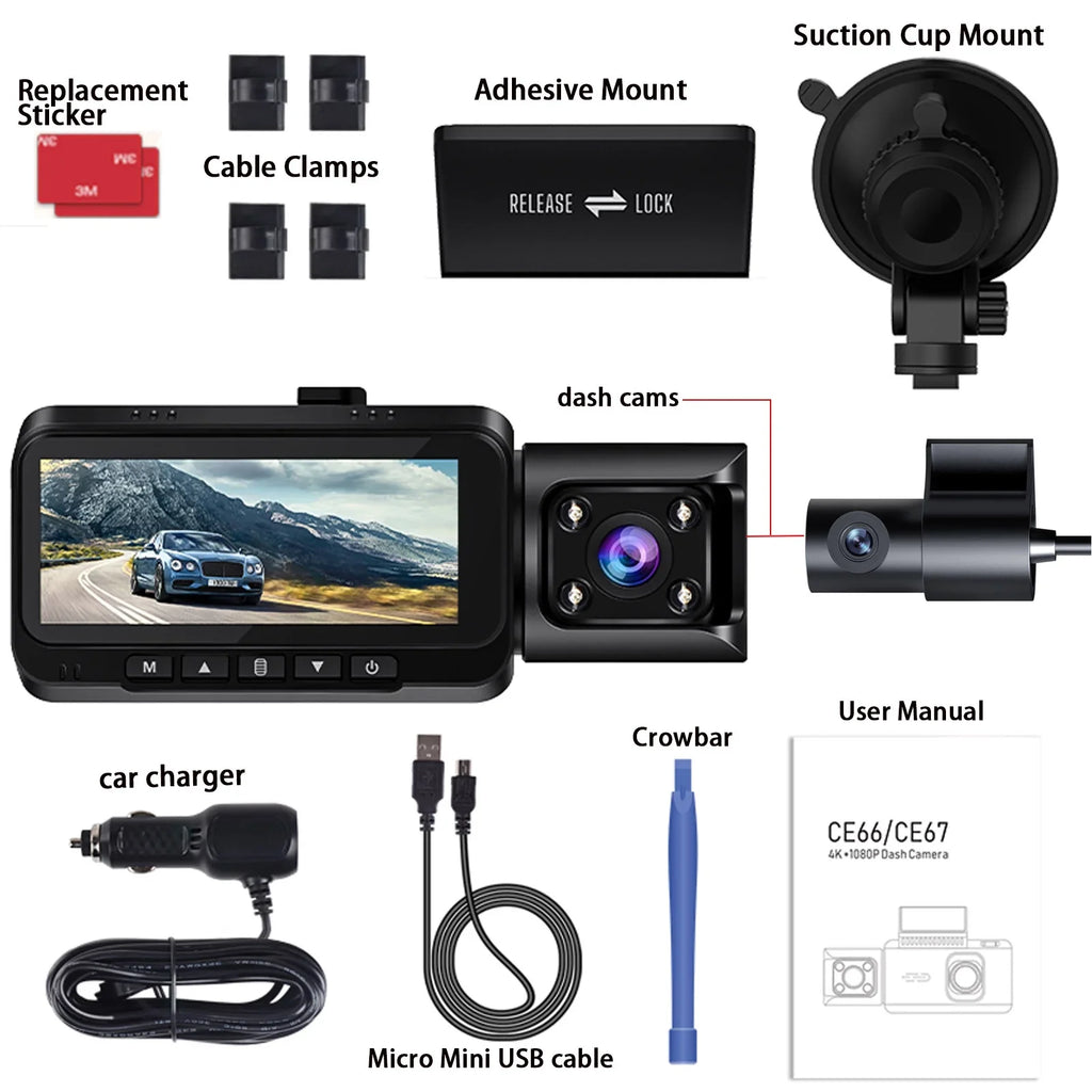 Recording, and Camera Channel Front 3 Inside Car G-sensor, Loop Cam Motion 4K GPS, Parking Monitor, Rear Vision, TOGUARD Night Rear IR Camera Front Detection with Dash Dash