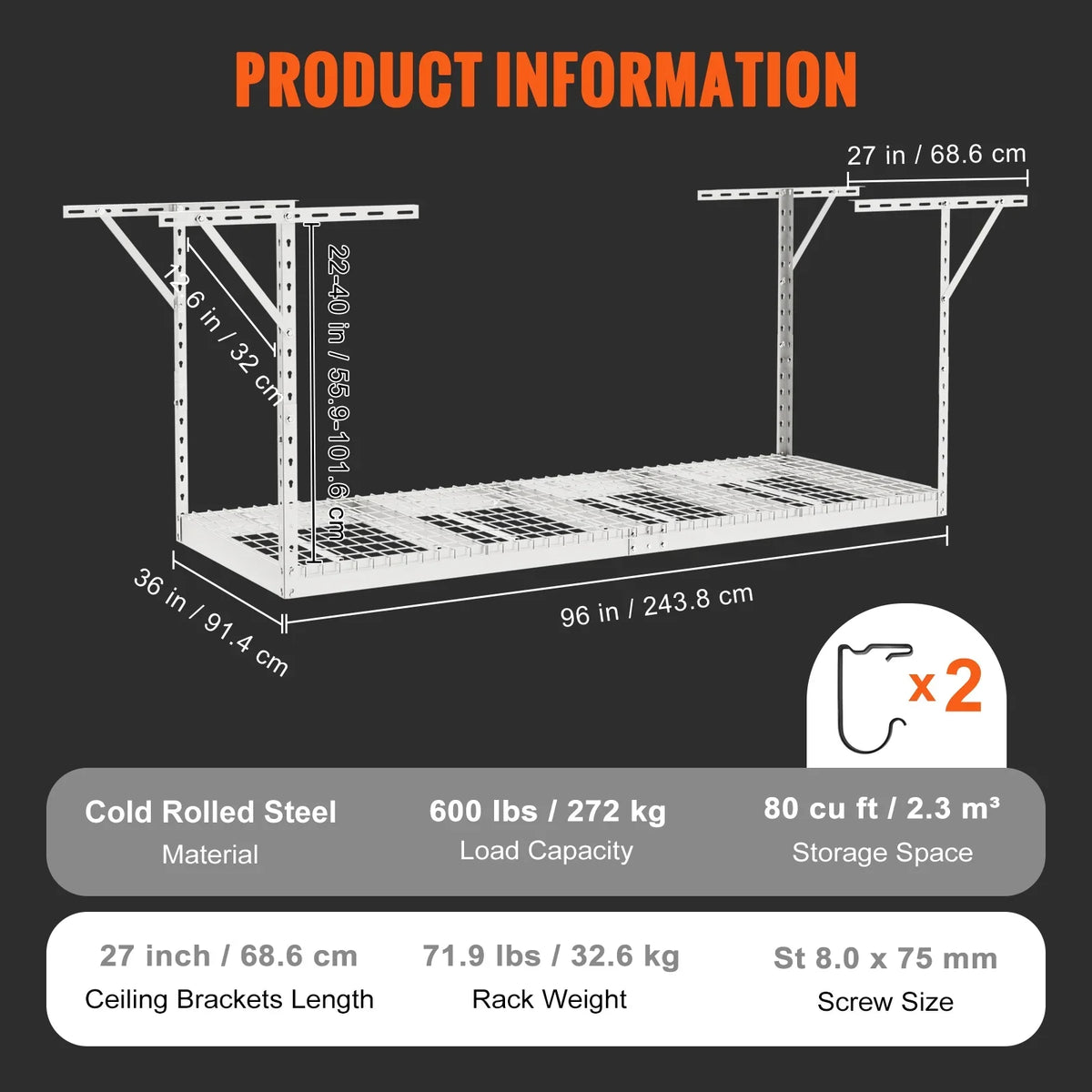 Storage Rack 600lb Ceiling White Overhead Rack Adjustable SKYSHALO 36x96" Garage