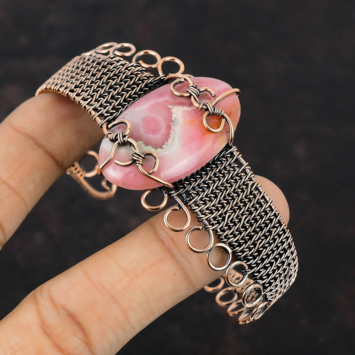 Gemstone Wrap Adjustable Wire Copper Jewelry Bracelet Cuff Rhodochrosite Bangle