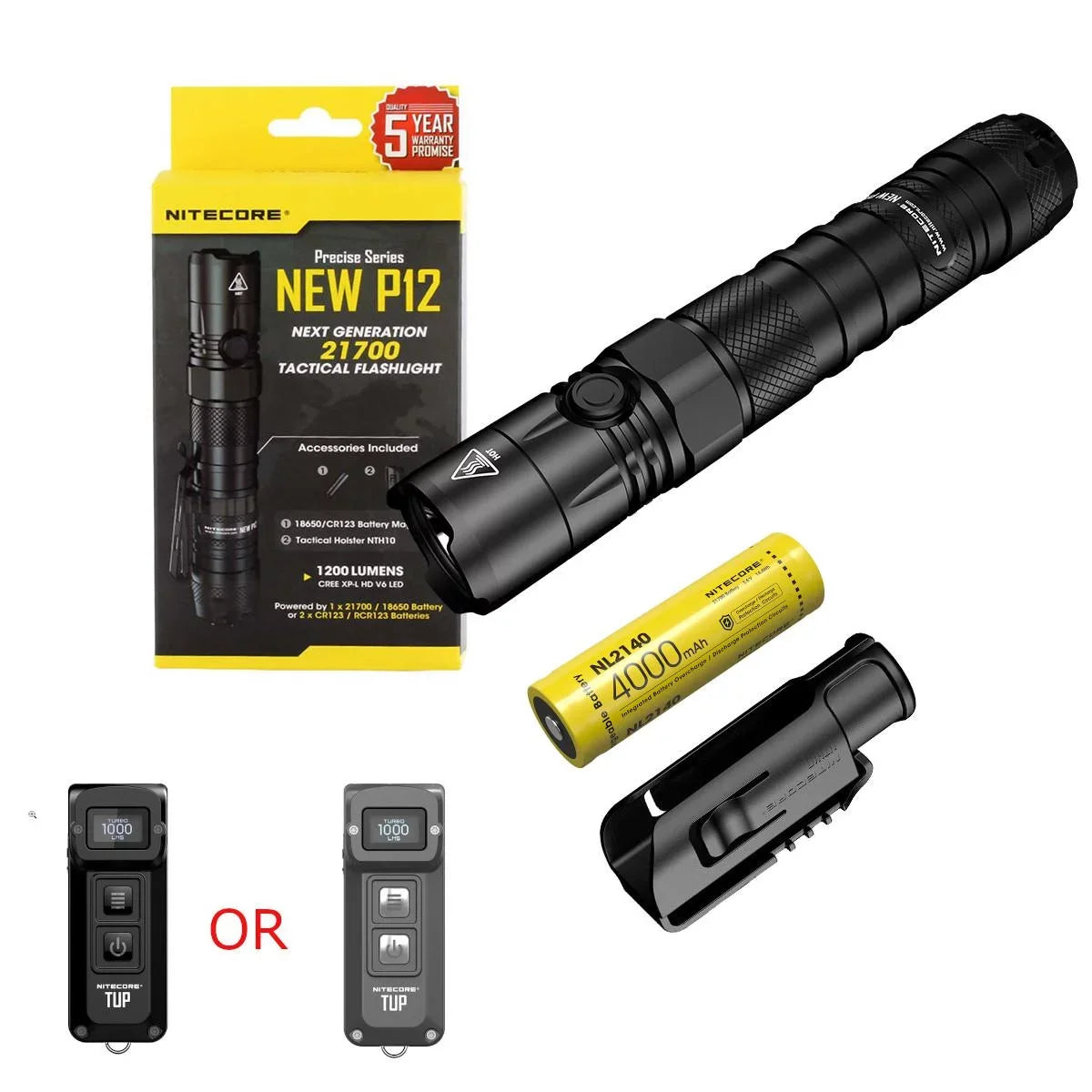 21700 Pocket - 1200 Intelligent Light Tactical LED TUP with Lumens Bundle: NEW Flashlight 1x Value and Rechargeable Battery Nitecore NL2140 4000mAh Nitecore P12
