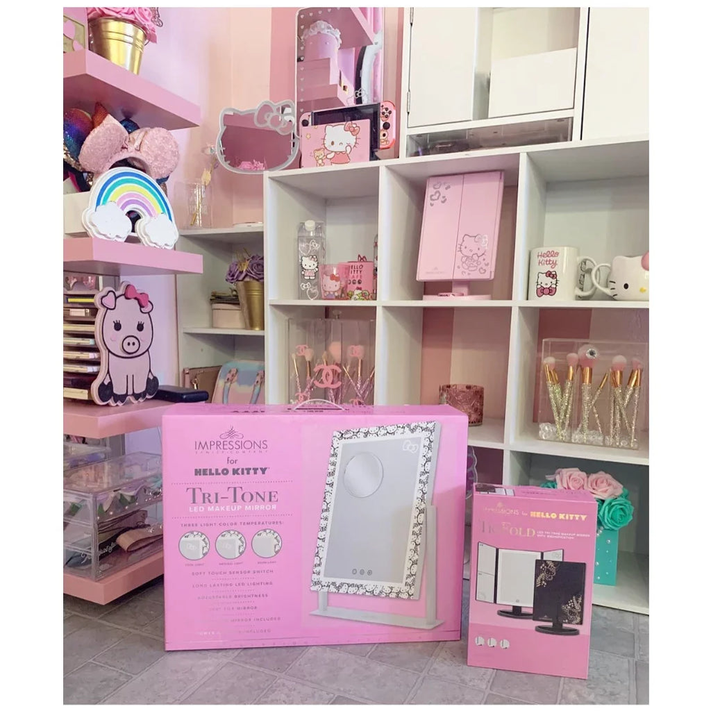 with LED 3X Mirror Iron Lights (White) grade Makeup Frame Swivel Cute Mirror Impressions Tone and Vanity Mirror, 360 Hello Tri Degree Magnification, Lighted and Touch with Vanity Kitty