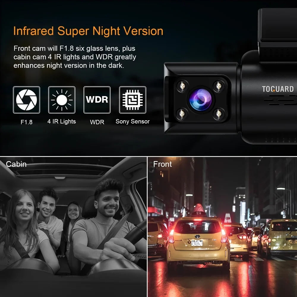 Recording, and Camera Channel Front 3 Inside Car G-sensor, Loop Cam Motion 4K GPS, Parking Monitor, Rear Vision, TOGUARD Night Rear IR Camera Front Detection with Dash Dash