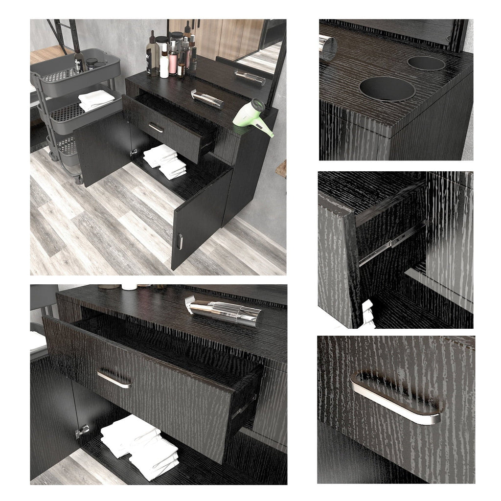(Black) Styling Drawer, 2 Spa Station Doors Salon Mount Hair Artist Wall Mirror, Makeup Hand with Barber
