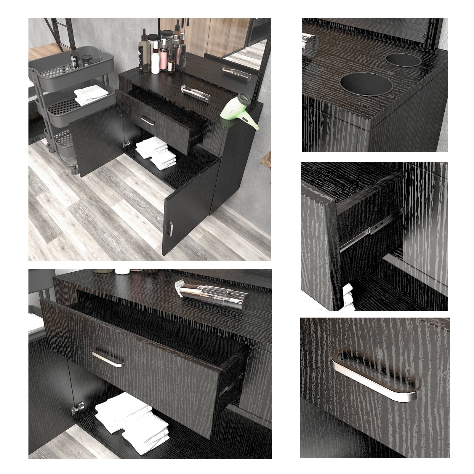 (Black) Styling Drawer, 2 Spa Station Doors Salon Mount Hair Artist Wall Mirror, Makeup Hand with Barber