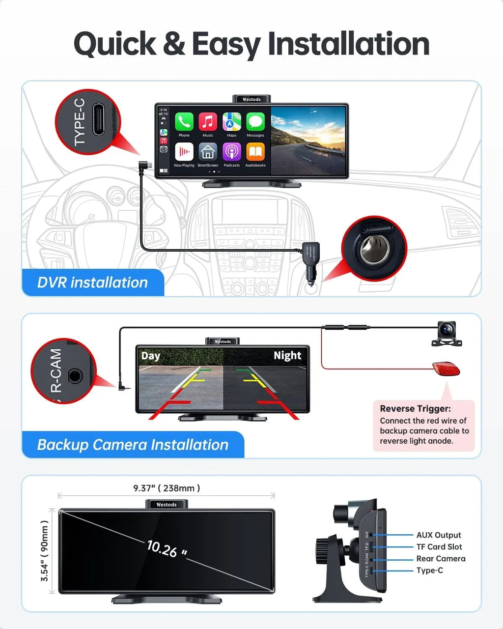 Carplay CAIHONG Detachable Screen with IPS Bluetooth, Touchscreen, Radio Camera, & Cam Auto 2.5K & Navigation, & Portable Car Mount, 10.26" HD Stereo, Wireless 1080P Backup Adjustable Android GPS Dash