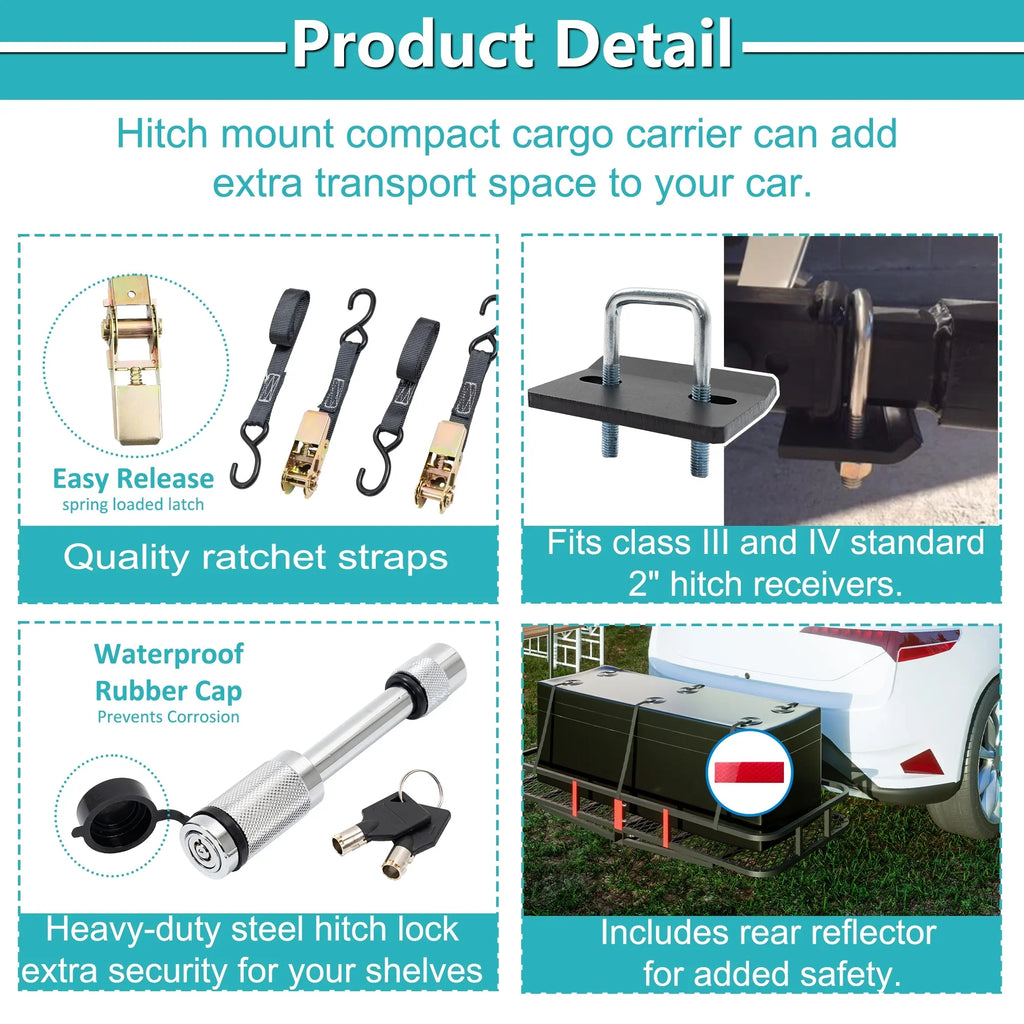 Trailer, 6" 24" Mounted Truck Car 60" x Cargo SUV Folding with Capacity Cargo Black Basket Hitched for 500lb x Net,