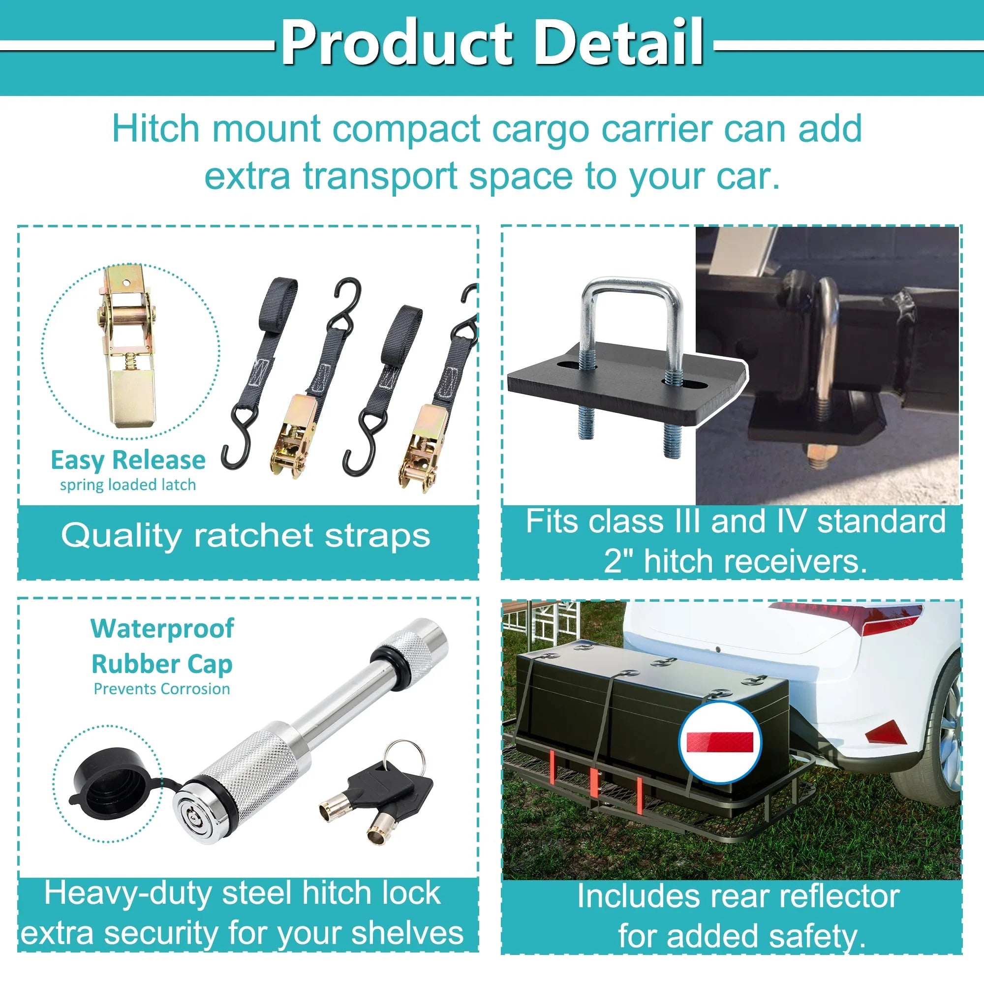 Trailer, 6" 24" Mounted Truck Car 60" x Cargo SUV Folding with Capacity Cargo Black Basket Hitched for 500lb x Net,