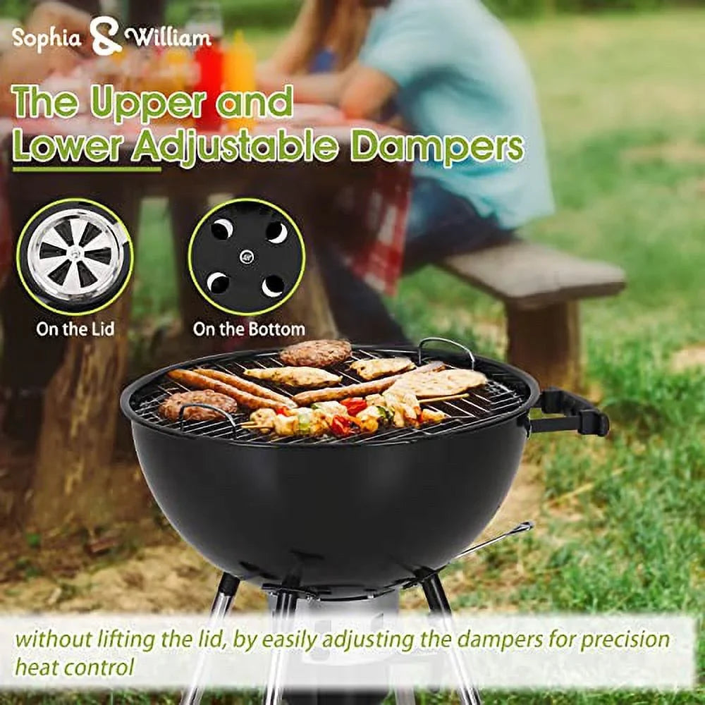 Lid and BBQ 18-inch Camping, Ash Black Catcher for Sophia Porcelain-Enameled Picnic exterior Grate, Kettle Chromeplated Grill Charcoal & Patio William with BBQ Bowl,