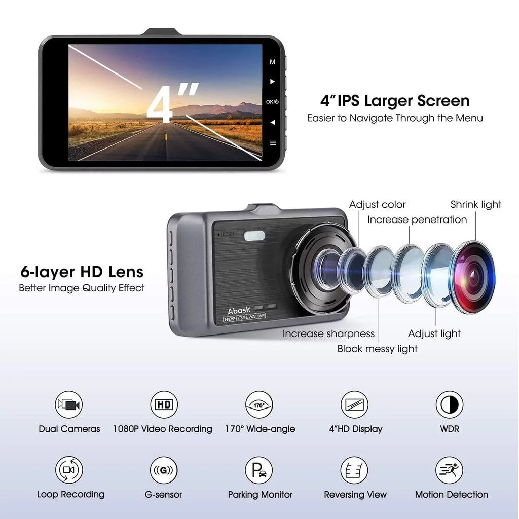 Wide Recording, Screen Angle and - - 32GB Assistance, Parking 1080P WDR Parking FHD - Front Detection, inch 170° 4 - Motion Card With ABASK Rear Monitor, G-Sensor, Loop Reverse Q40S Dashcam