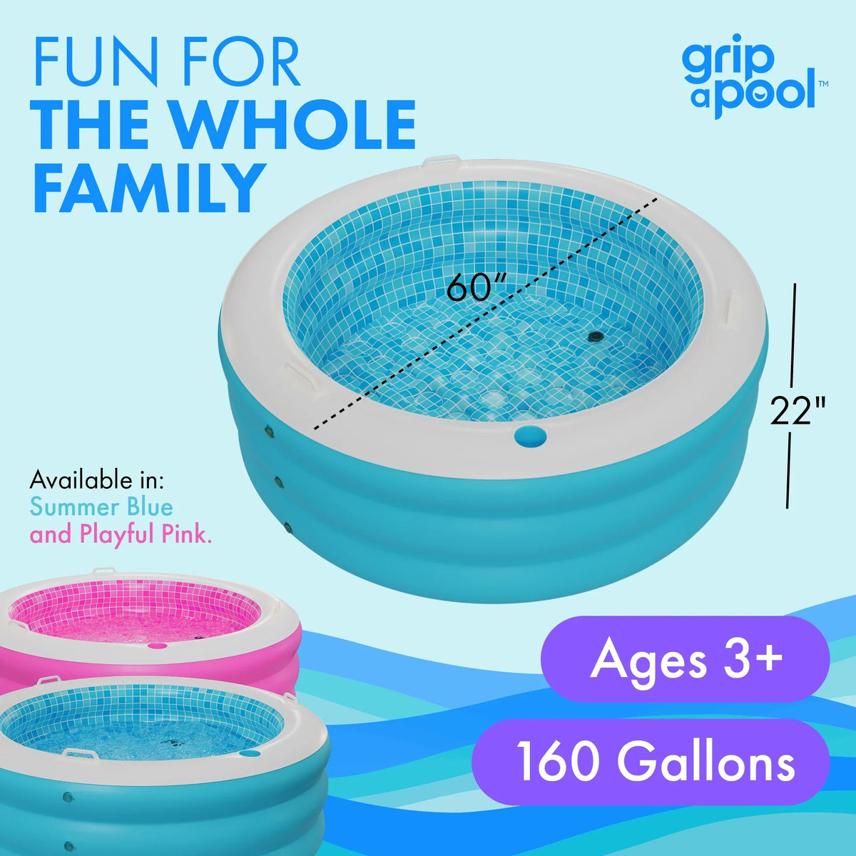 7 60"x22" and with Ages for Up and - 5 Drain Kid Kids Round 6 Large Perfect 4 with Adults Pool Blow Grip Handle Padded Floor Swimming Kiddie Bars Pool Round 8+ Inflatable