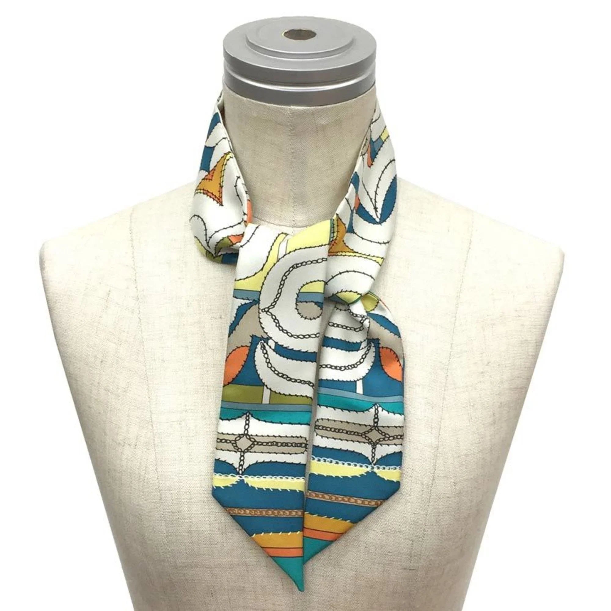 HERMES (Good) Pre-Owned Scarf 100% x Muffler Orange Hermes White Silk Twilly Blue