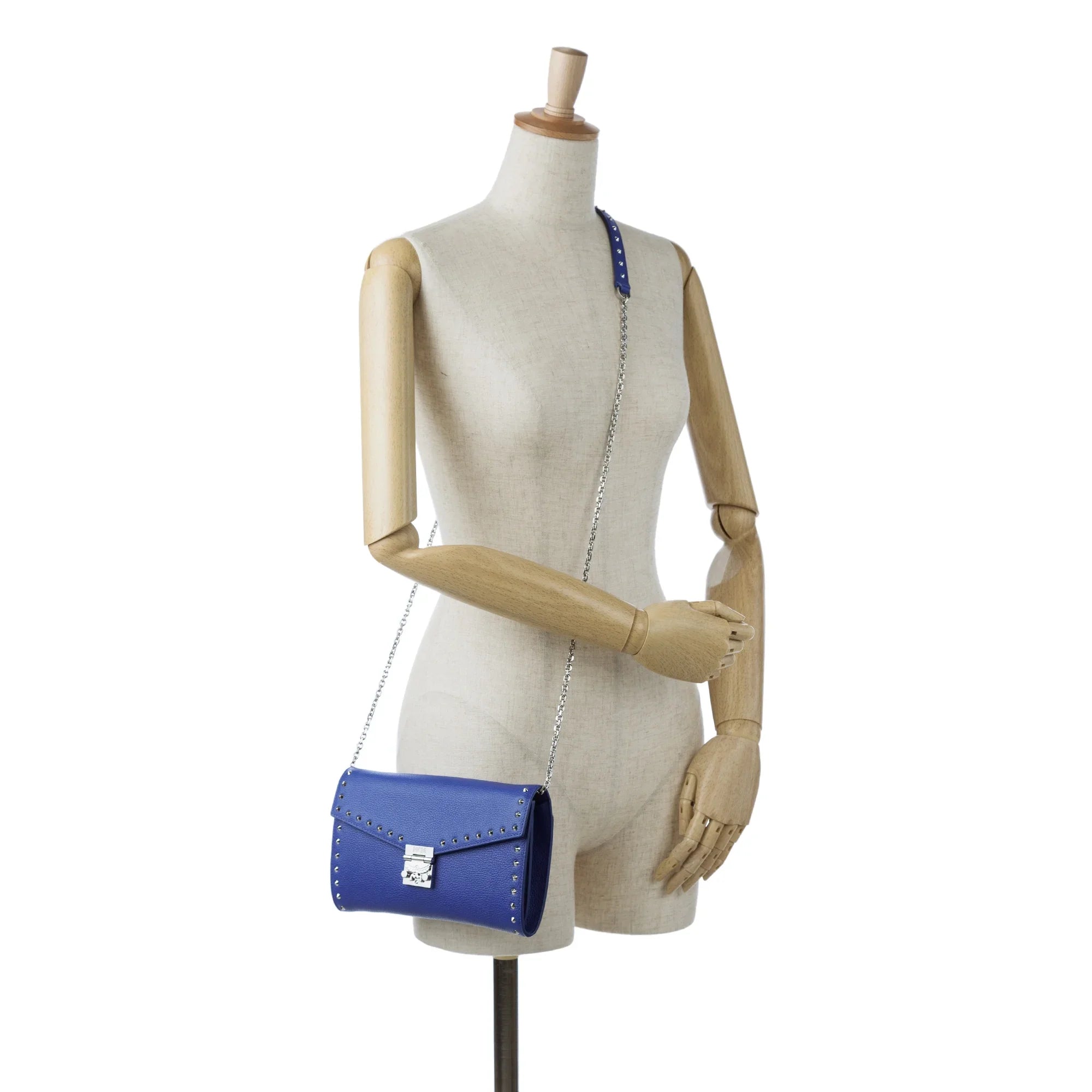 Blue Chain Patricia Leather Authenticated Pre-Owned Bag on Wallet Calf Studded MCM Unisex Crossbody (Good)