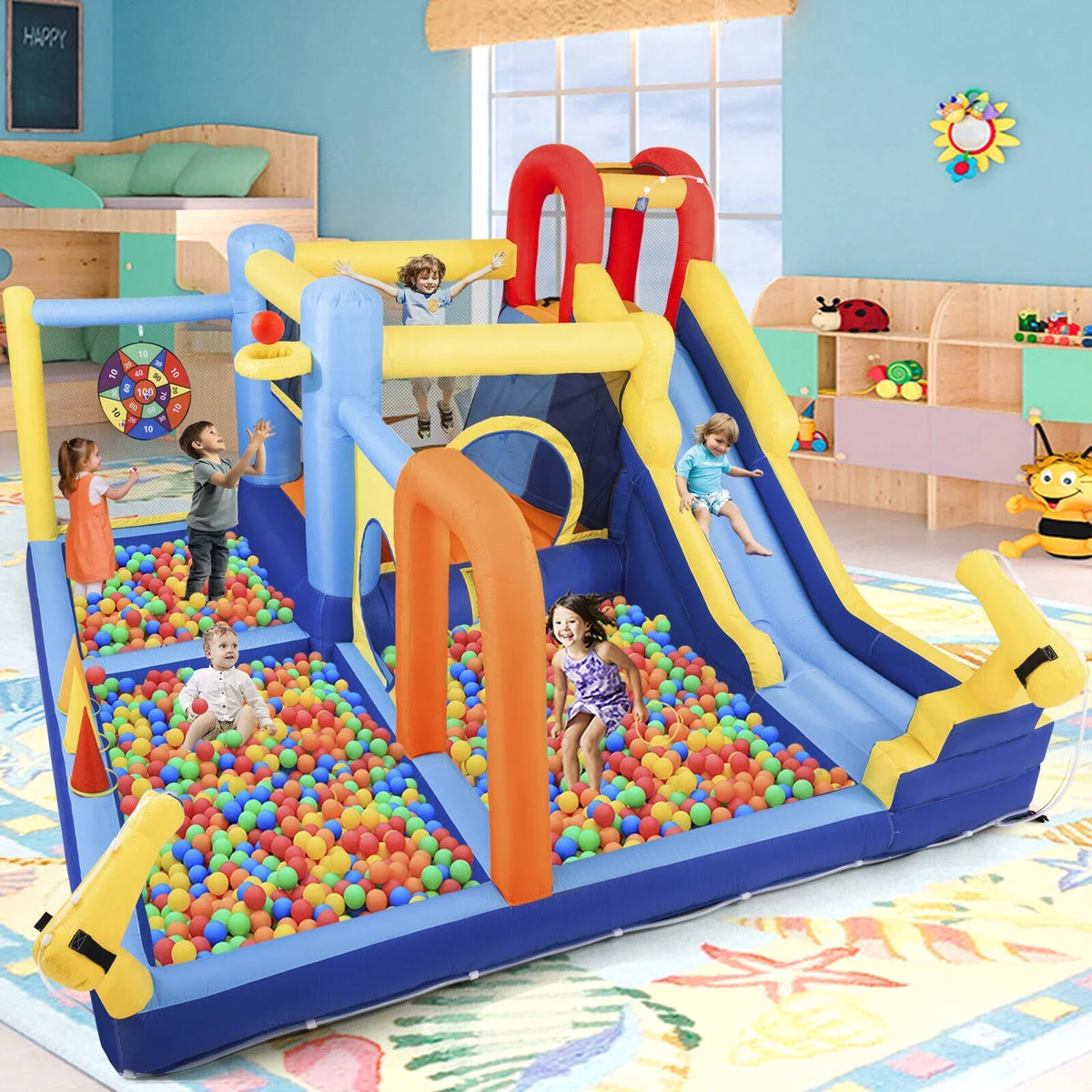 Felt Trampoline, Castle Climbing with Kids Inflatable liquid Wall, Air Target, Splash Toss 550W Bouncer Pool, Blower Ball Ring Playhouse Game, JOYLDIAS Slide