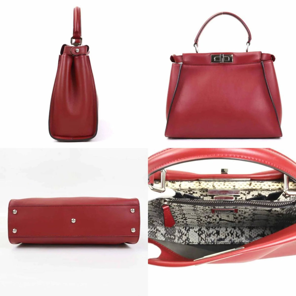 Fendi Women's Bag FENDI Red Dark Handbag Silver Shoulder Leather Peekaboo (Good) Pre-Owned