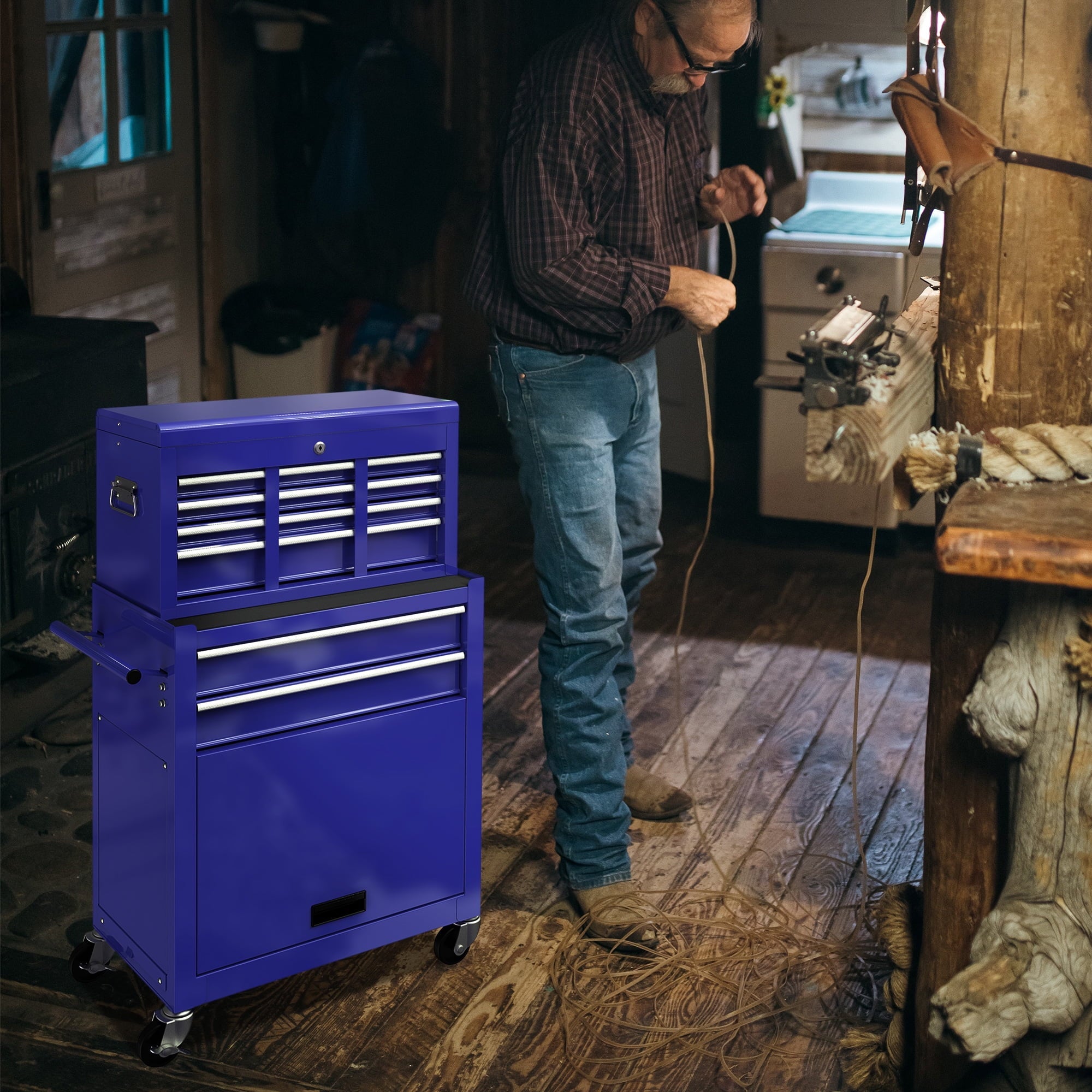 Drawers, Tool Hidden Chest Sliding On Organizer Rolling Capacity Drawers, Box, with Chest Cabinet Tool Lockable Blue with 8 Tool & Box Double with Wheels Large 2-IN-1 Drawers, Tool