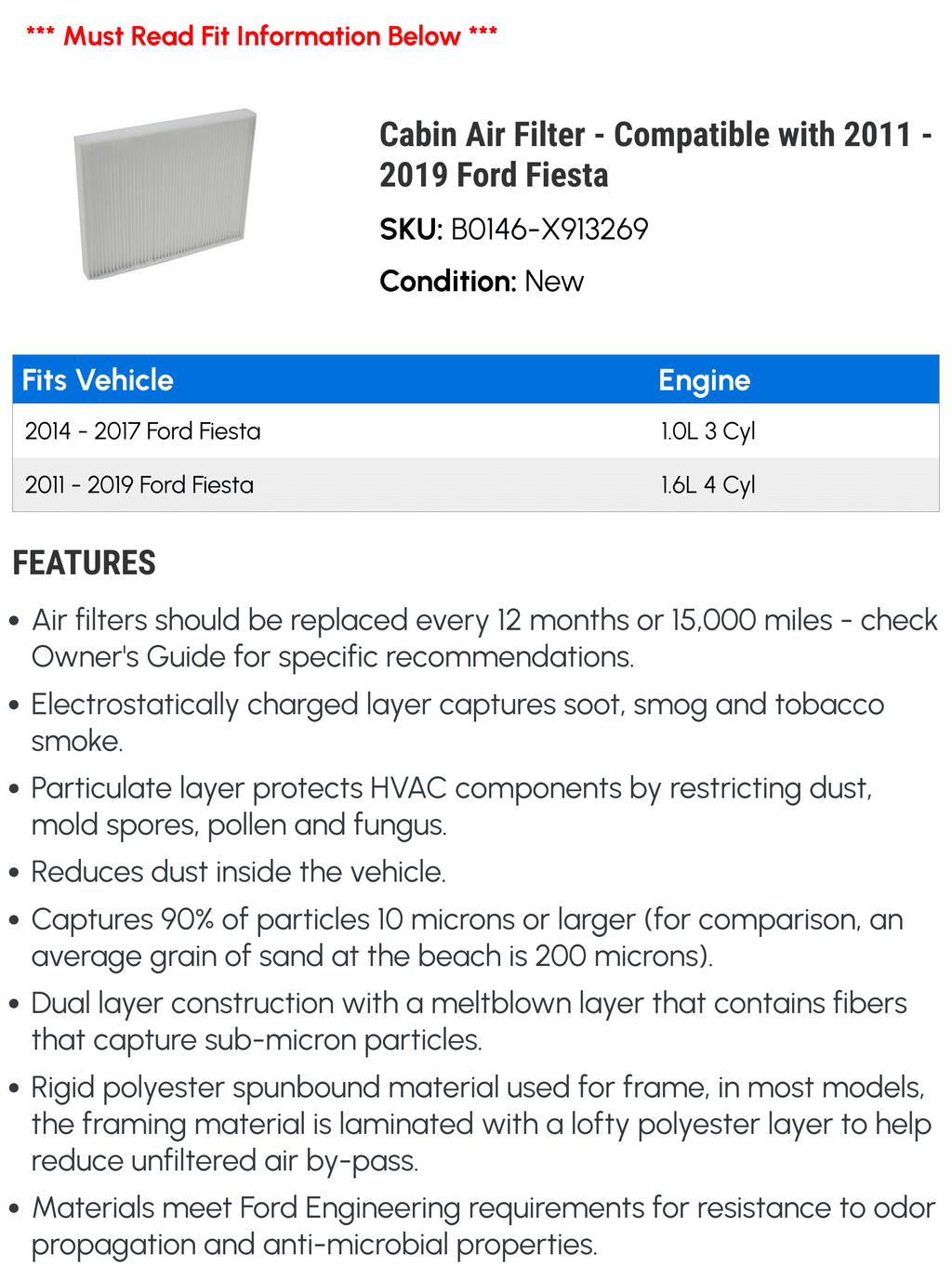 '- - Cabin 2016 2012 2017 Filter Air 2014 2015 2018 Fiesta 2019 2011 with Compatible 2013