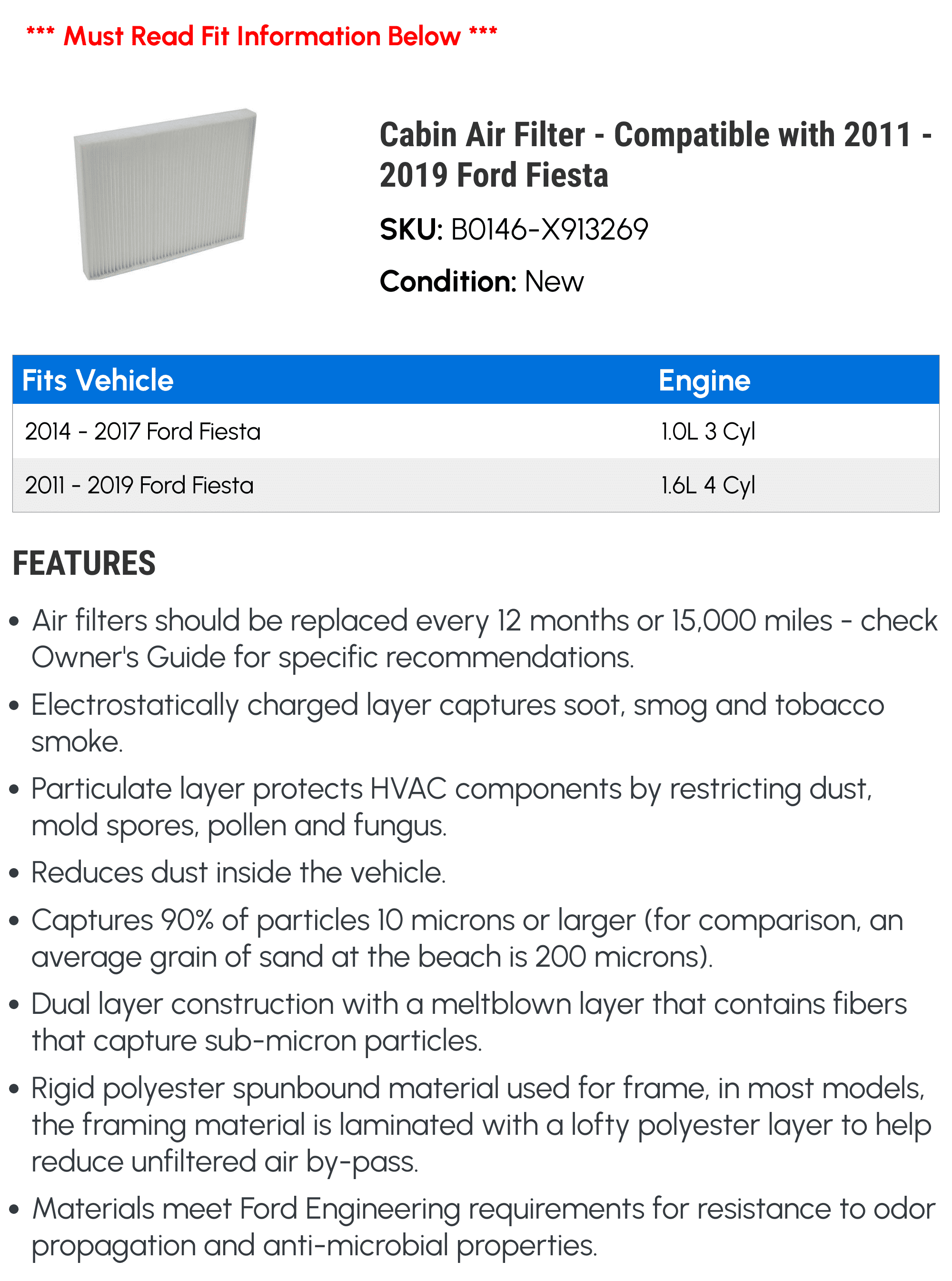 '- - Cabin 2016 2012 2017 Filter Air 2014 2015 2018 Fiesta 2019 2011 with Compatible 2013