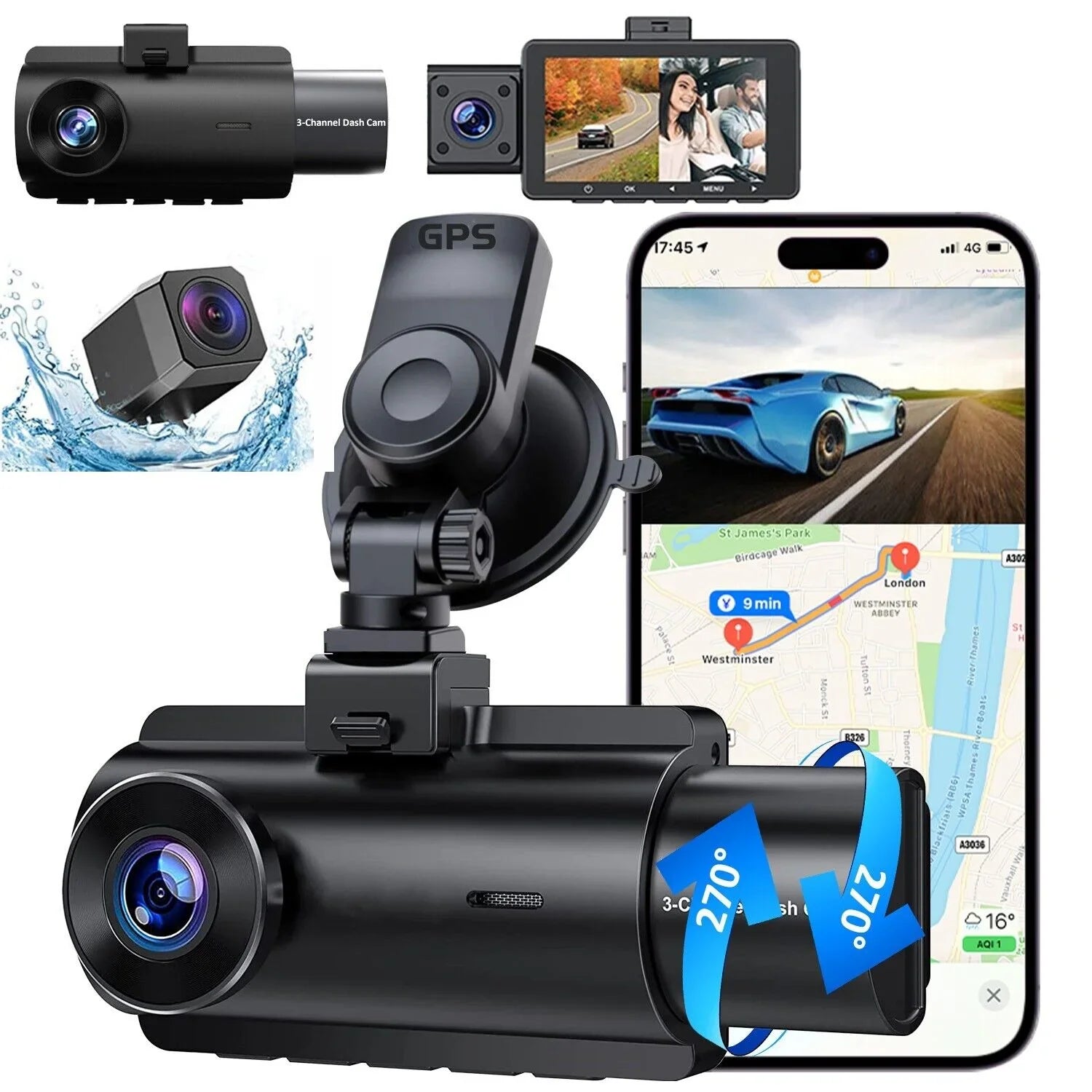 Recorder 4K Rear & Camera Cars Track Front True 3 Video Lens Dual WiFi&GPS Dash