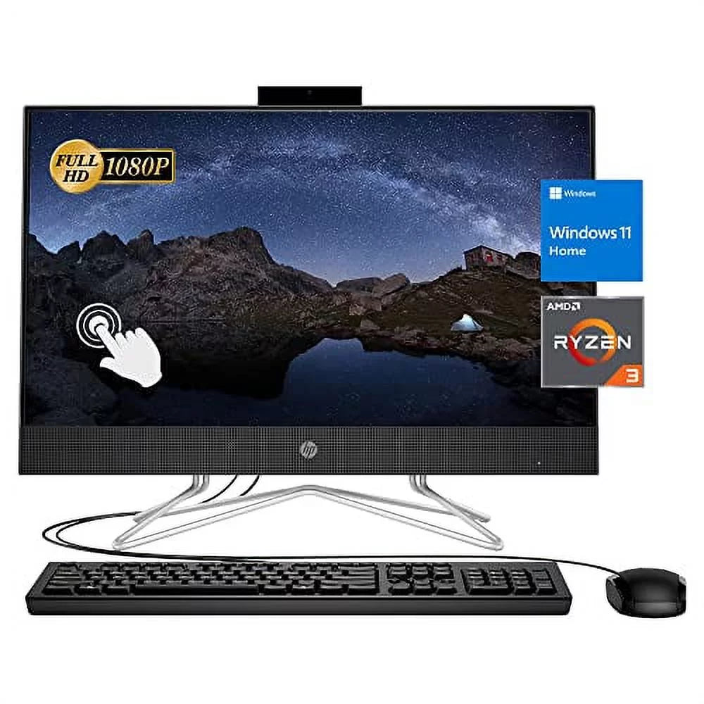 RJ-45, 22" 3250U, FHD Ryzen DVD-RW, Newest Keyboard&Mouse, USB 512GB HP Black Wired HDMI, 3 AMD Windows 2022 Screen, Touch 12GB All-in-One SSD, Desktop, 11 Webcam, Home, RAM, WiFi,