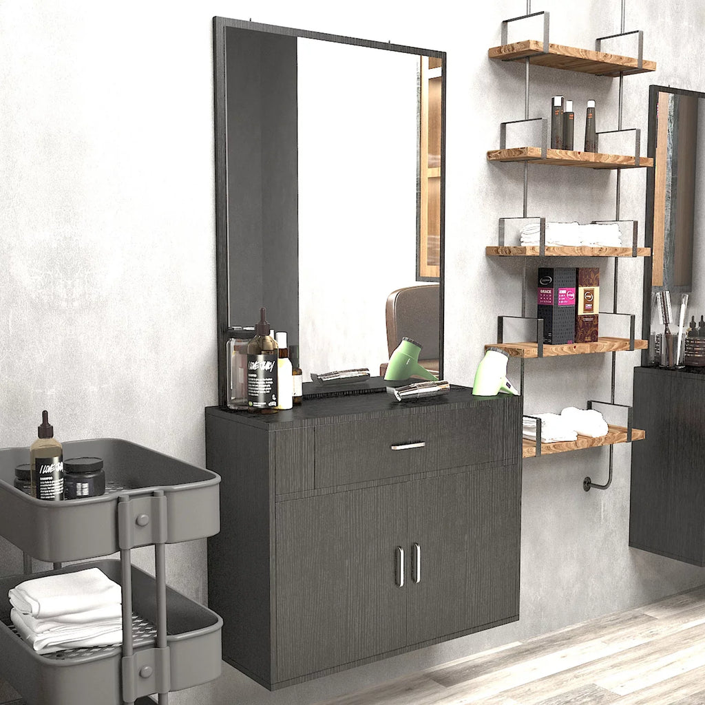 (Black) Styling Drawer, 2 Spa Station Doors Salon Mount Hair Artist Wall Mirror, Makeup Hand with Barber
