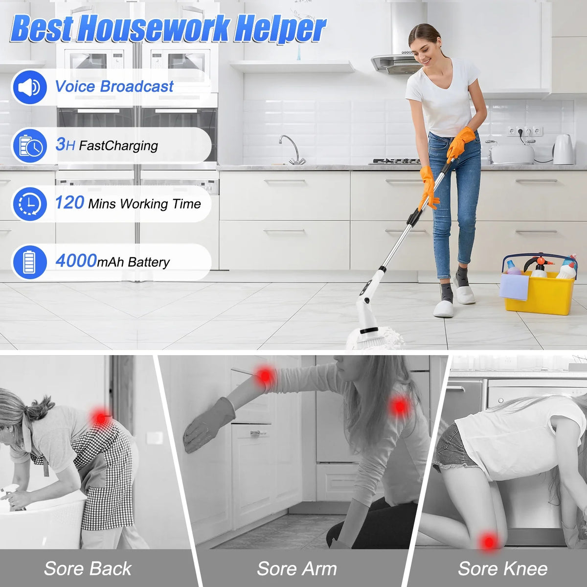 Cleaning Cordless WLRETMCI for Handle Electric with 8 Brush Kitchen Tub Household Cleaning Brushes with Floor Heads,Shower Scrubber Spin Scrubber, Long Brush Car Bathroom Tile