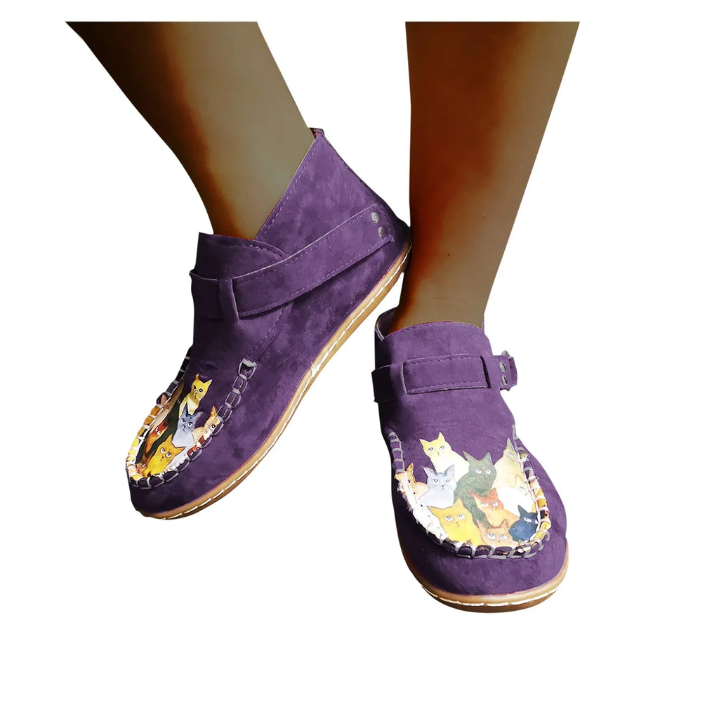 Casual Boots Leather Comfort boots women's Printed Cat Flat Button Female Ankle Cartoon