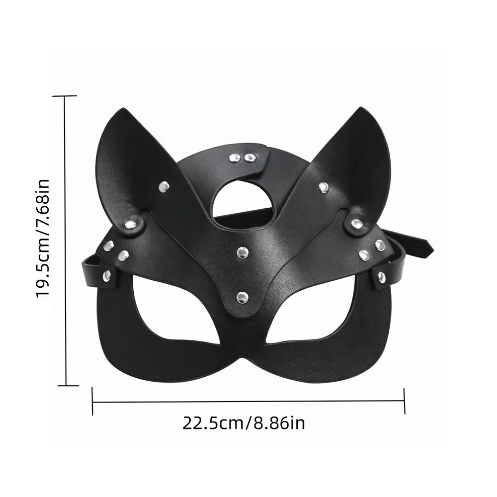 Nightclub - Leather Masquerade, Choker Faux for Halloween, Sexy Set and 1pc Fun Fox and Roleplay Mask Carnival and Set Lingerie for