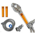 chlorine of shower filter included and liquid removes pressure 99.9% with chloramines - 2 filters - shower high - up head flow by to low