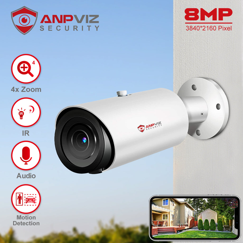 Zoom Human in Vehicle Detection 30M IP66 Camera IR H.265 4X 8MP ANPVIZ Support Distance Camera Built Mic Bullet