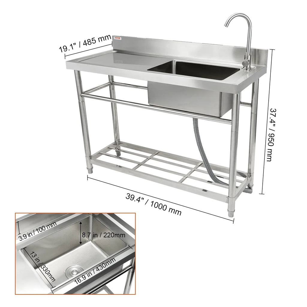 39.4 x 37.4 x & BENTISM Prep Sink Utility Bowl Commercial w/Workbench in Single 19.1