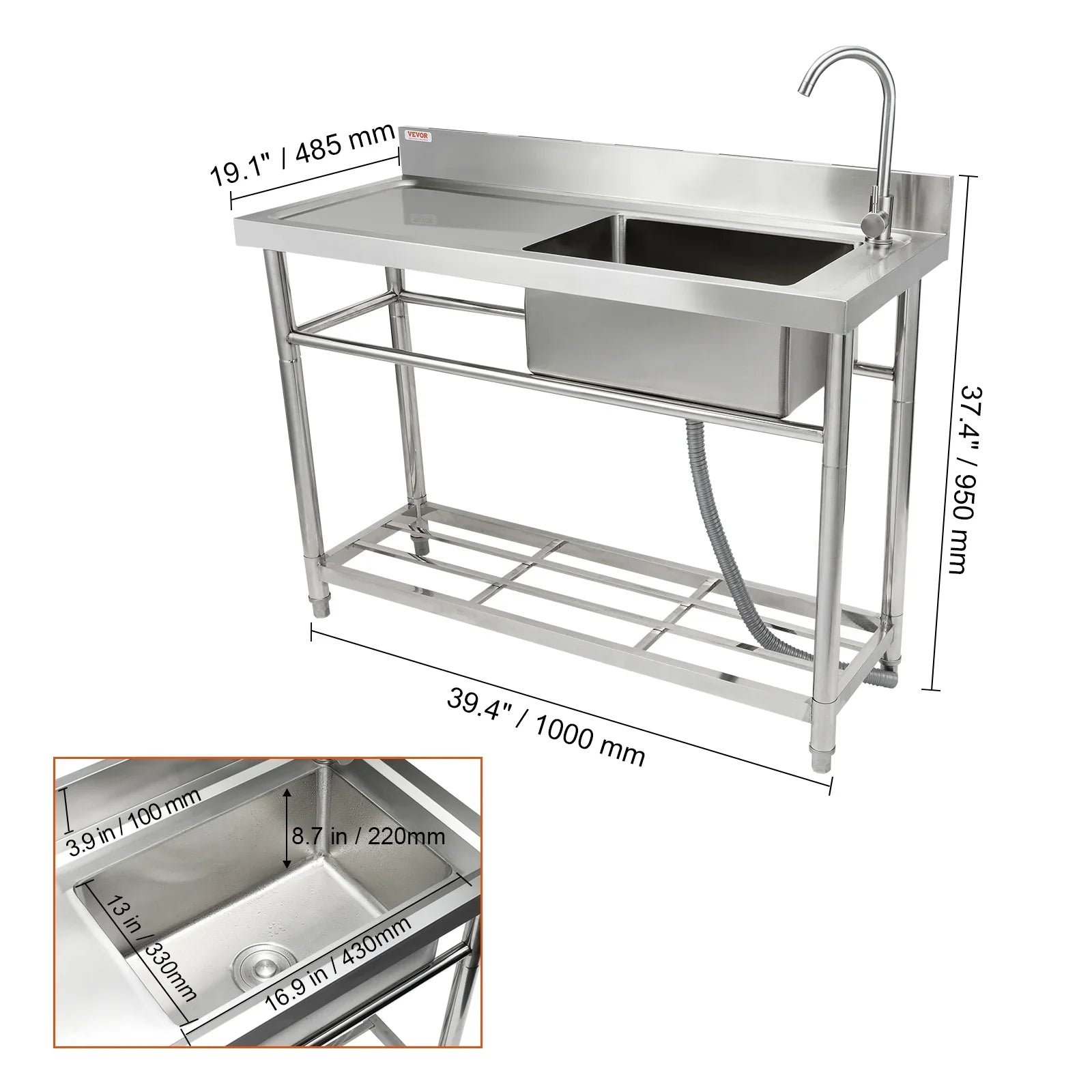 39.4 x 37.4 x & BENTISM Prep Sink Utility Bowl Commercial w/Workbench in Single 19.1