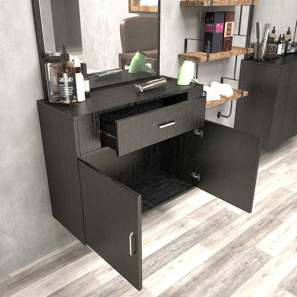 (Black) Styling Drawer, 2 Spa Station Doors Salon Mount Hair Artist Wall Mirror, Makeup Hand with Barber