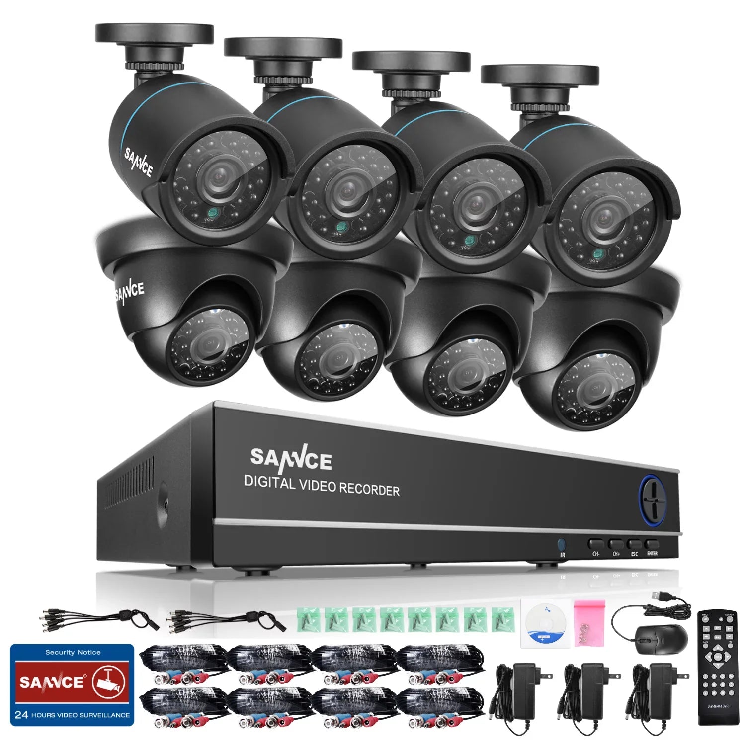 P2P , 720P and Access 1080N Surveillance System Camera (8) CCTV Night Technology/E-Cloud Remote IP66 8CH -No Scan Code Weatherproof Vision DVR HDD SANNCE QR Service, Full Security Cameras,