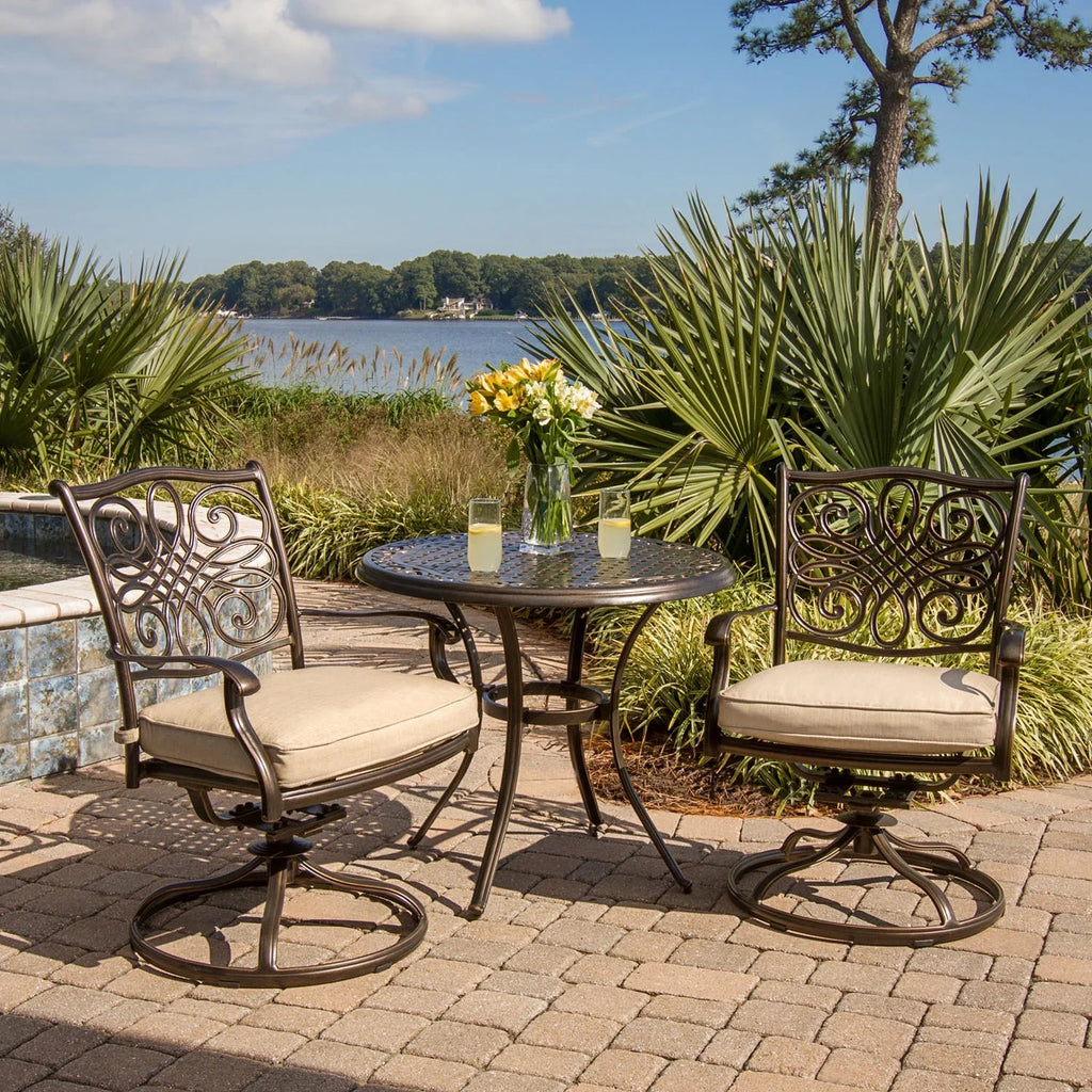 Table Two in. Seasons Swivel Set, Bistro Tan Aluminum 3-Piece Rockers,32 Dining Cambridge Round