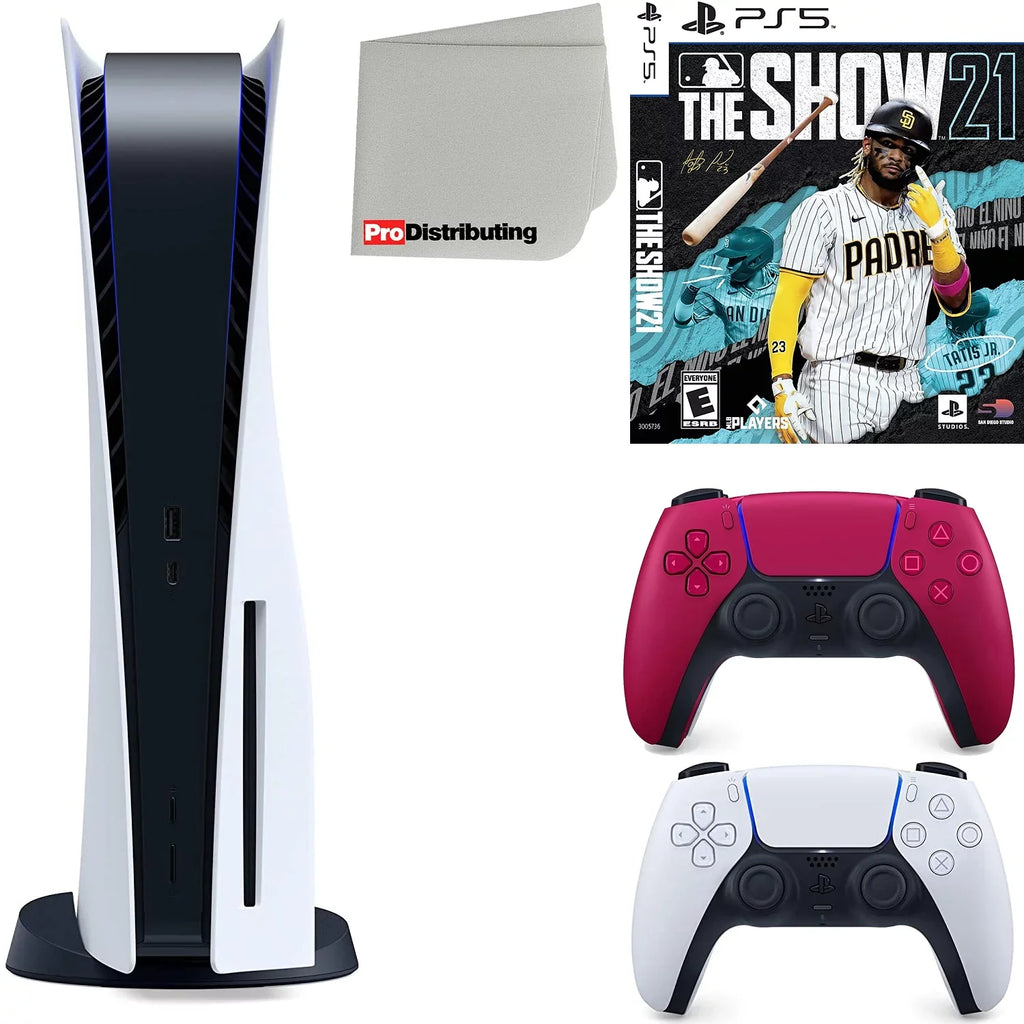 5 Microfiber 21 PS5 Cosmic Controller, Red ( Bundle and with Disc Cleaning The Version Playstation MLB Disc) Extra Show Cloth
