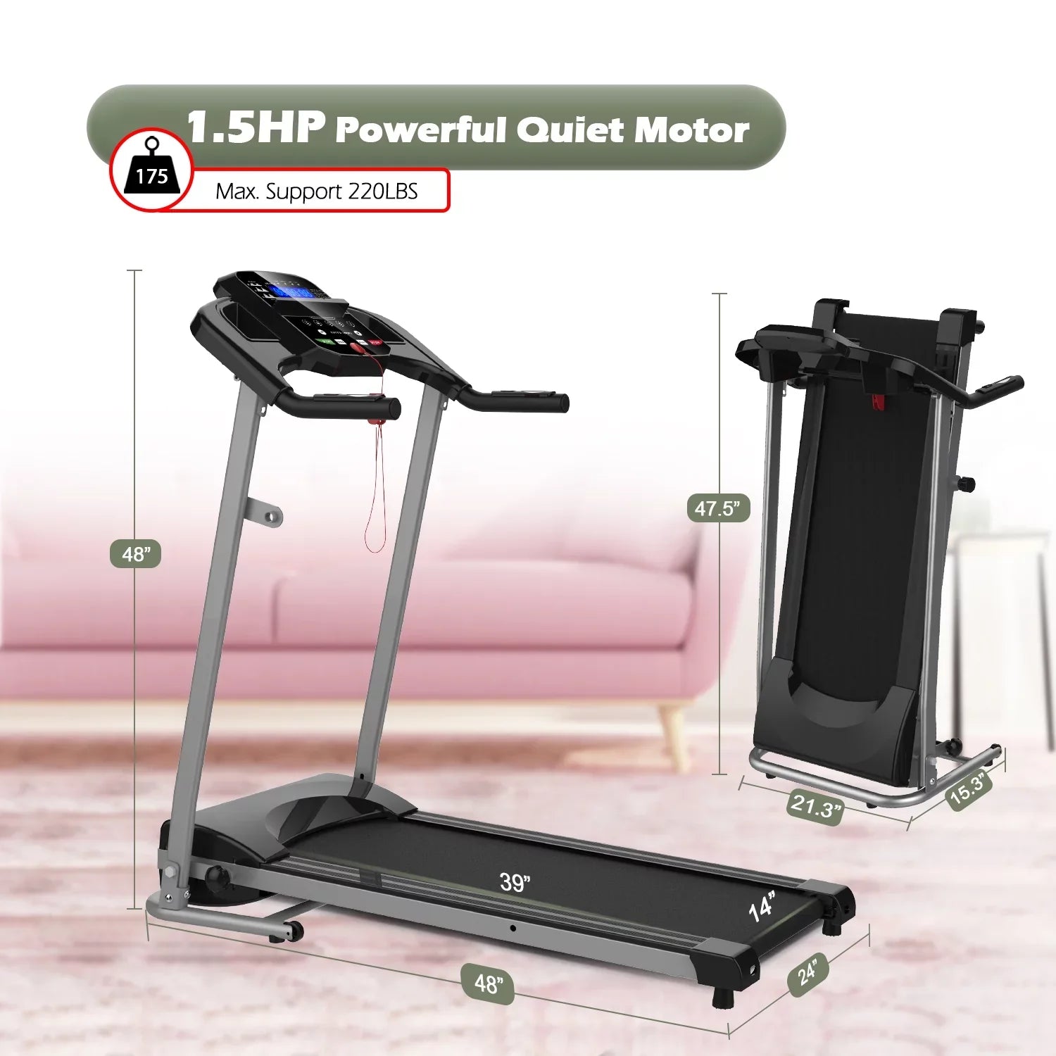Black Treadmill Electric Running Folding 1.5HP Machine, Inolait