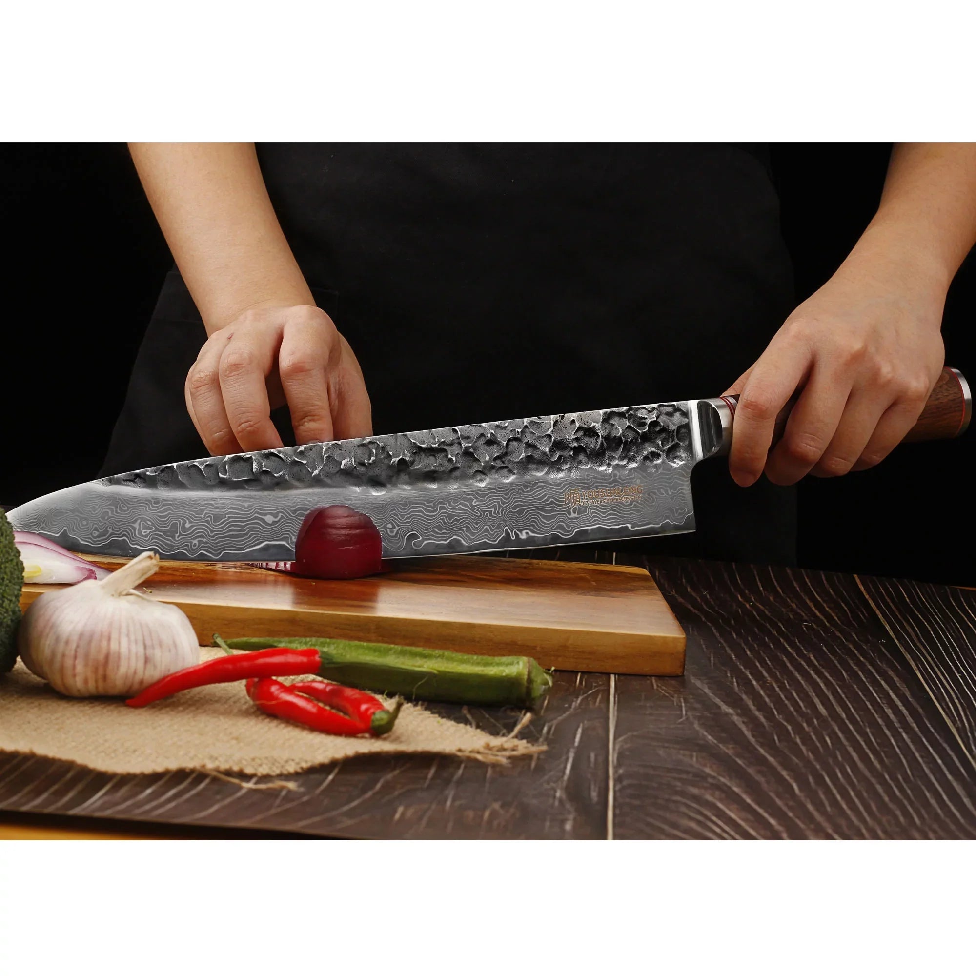 Sheath Chef Hammered Steel Pro Damascus Walnut 12 with Leather YOUSUNLONG - Handle Natural Wooden Gyuto Japanese inch Knife