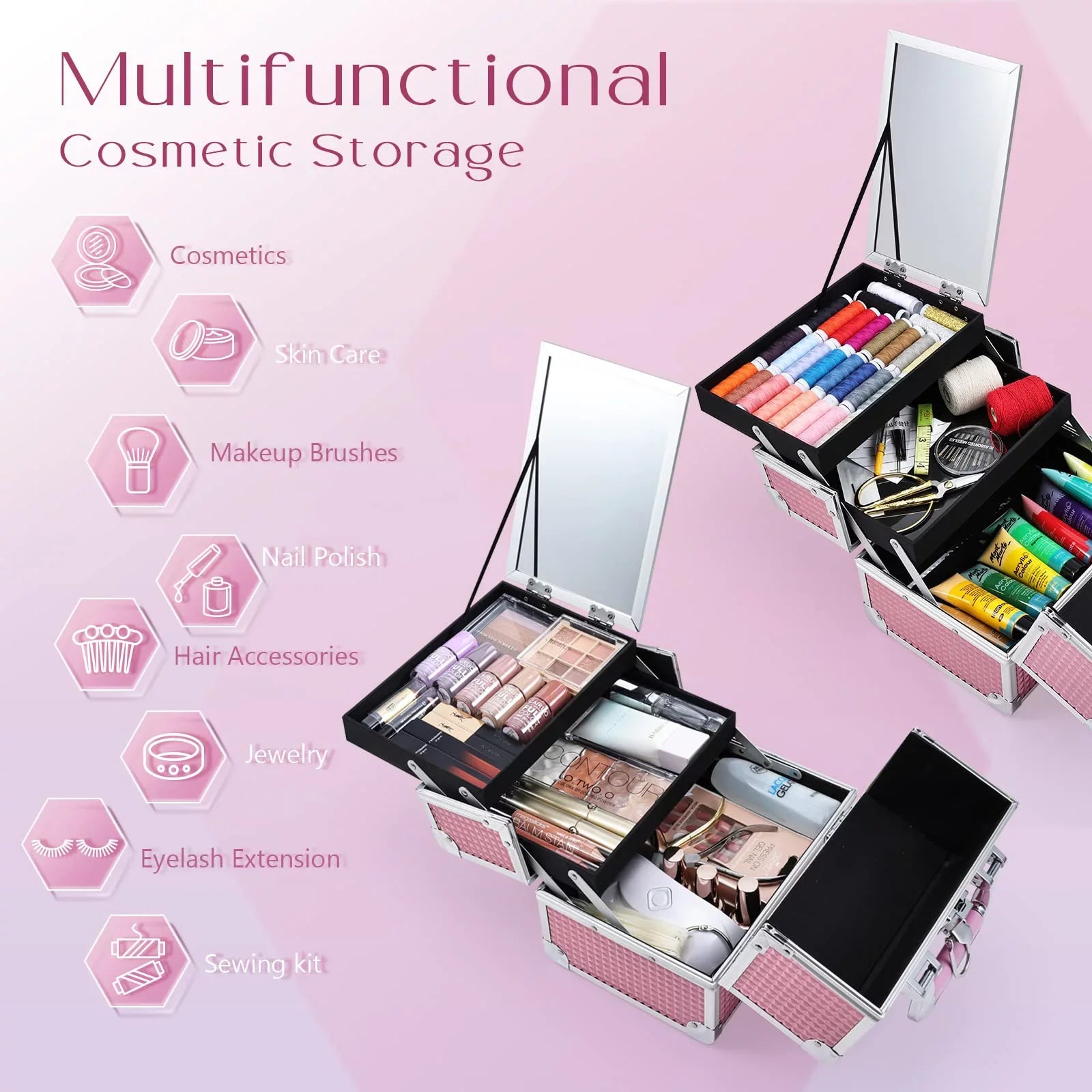 Makeup with Organizer Lockable Train Case Makeup Cosmetics Box Case Mirror Joligrace Trays 2