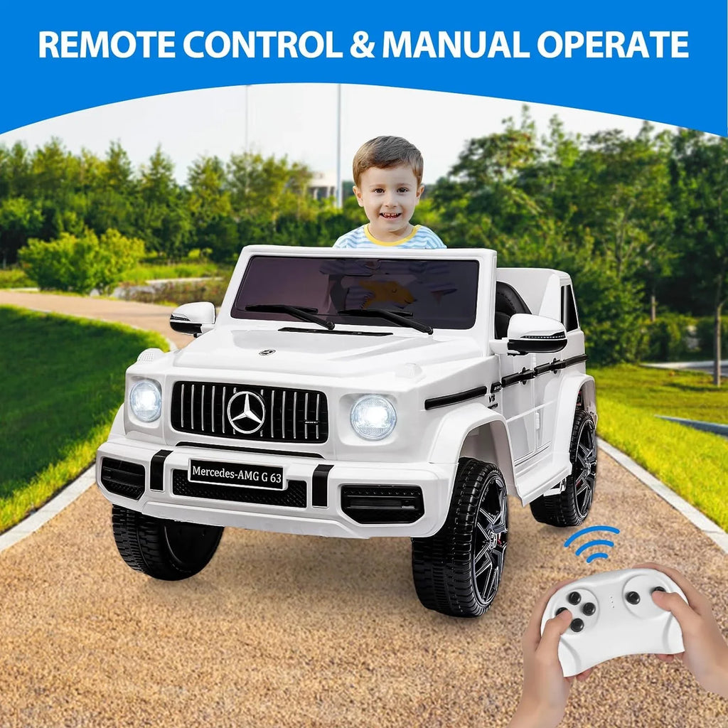 Control, Kids Horn, LED Music, Lock Car, Benz Electric Licensed Electric Battery Car on Spring Vehicle, 12V Mercedes w/Remote Powered Bluetooth, Suspension, AUX, Safety G63 Light, Ride White