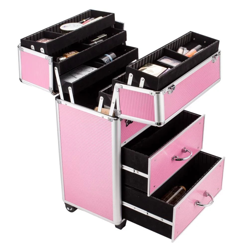 Cosmetic in Pink Train Storage Makeup Rolling Case, Box Trolley, 1 Lockable Pro Ktaxon 3 Aluminum
