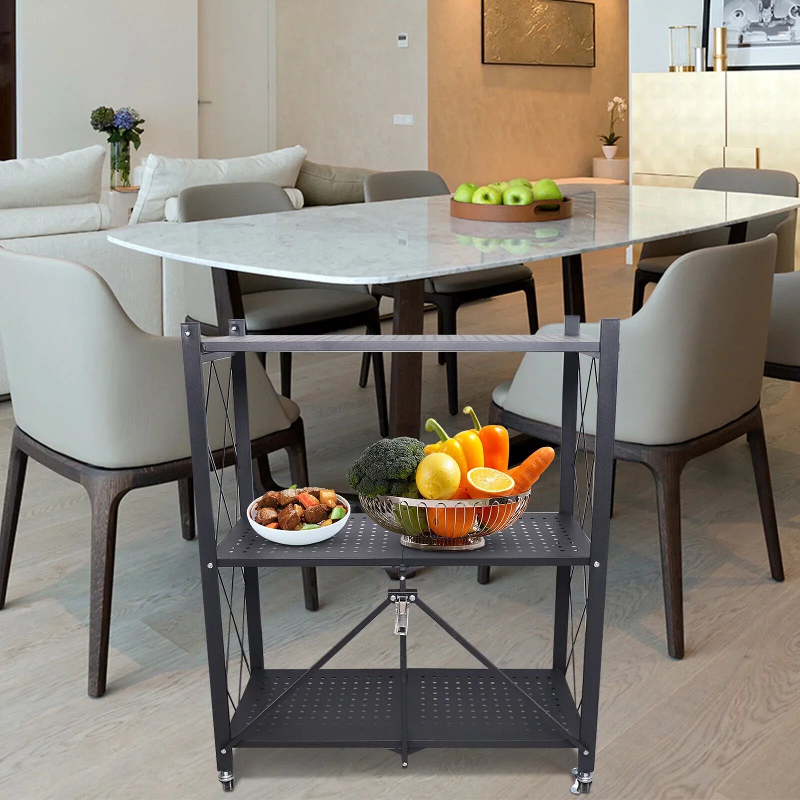 3-Tier Storage with Utility Shelves Metal Rack Kitchen Movable Trolley (Black) Cart Miumaeov Holder Foldable Rolling Wheel