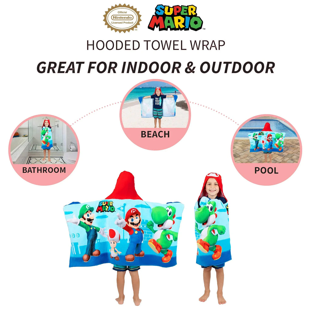Kids x Mario Super Franco Towel Wrap, By Cotton 24 Soft in, Bath/Pool/Beach Hooded in Terry 50