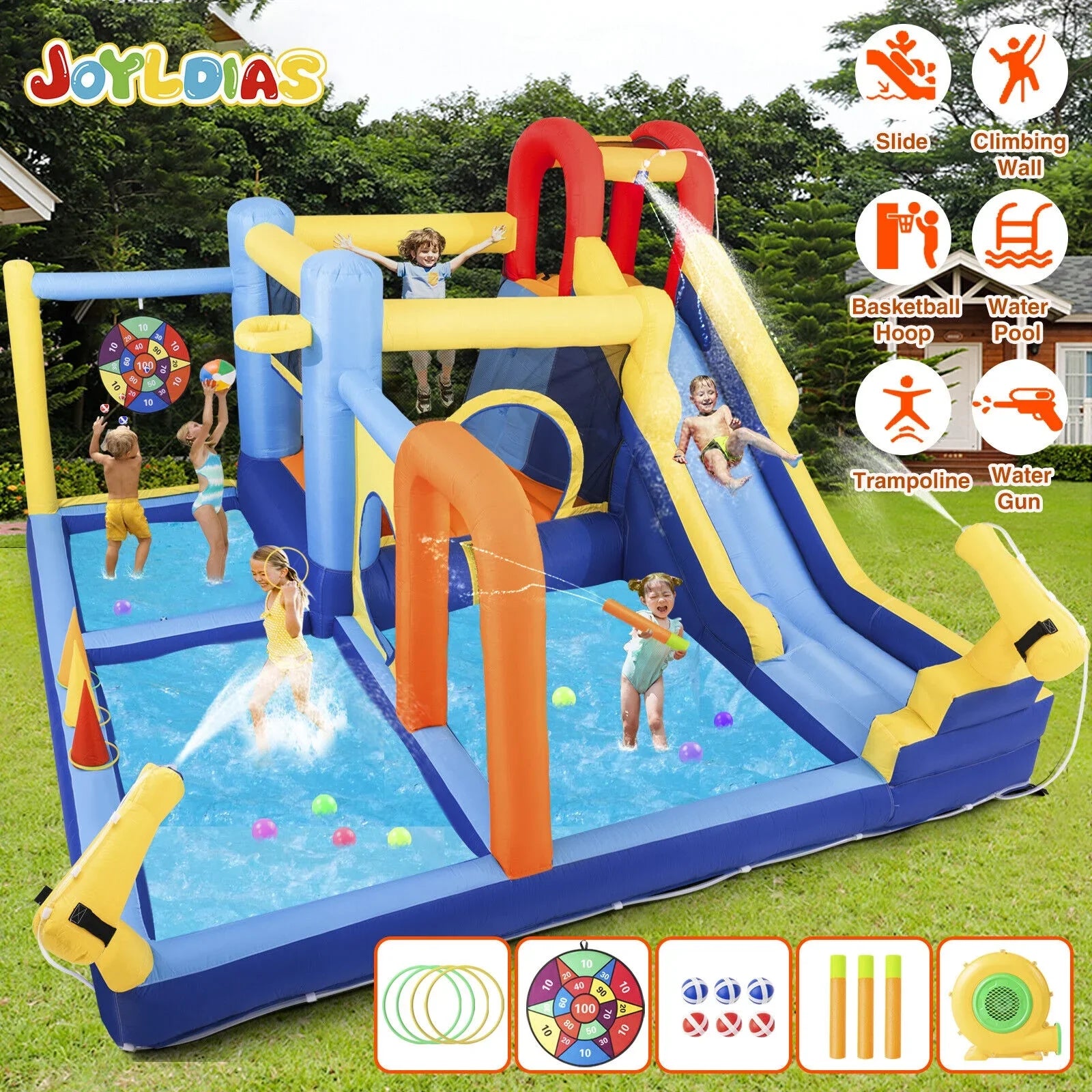 Felt Trampoline, Castle Climbing with Kids Inflatable liquid Wall, Air Target, Splash Toss 550W Bouncer Pool, Blower Ball Ring Playhouse Game, JOYLDIAS Slide