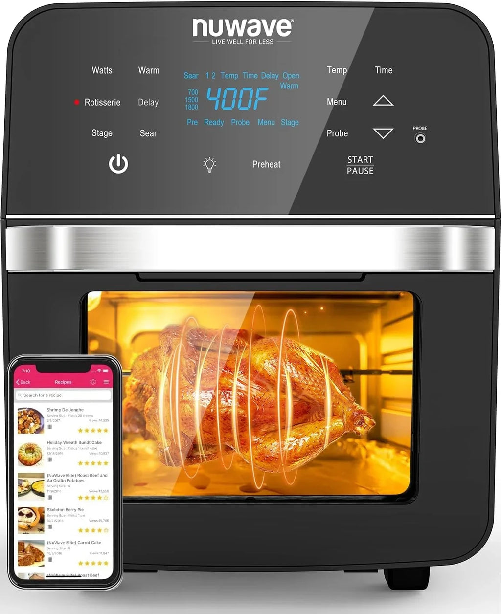 Controls, 15.5Qt 50F-425F HOZO 1800W, Family Rotisserie Thermometer X-Large Temp Integrated Kit, Fryer Smart SS &-Skewer Powerful Oven, dimension, Air Basket Brio