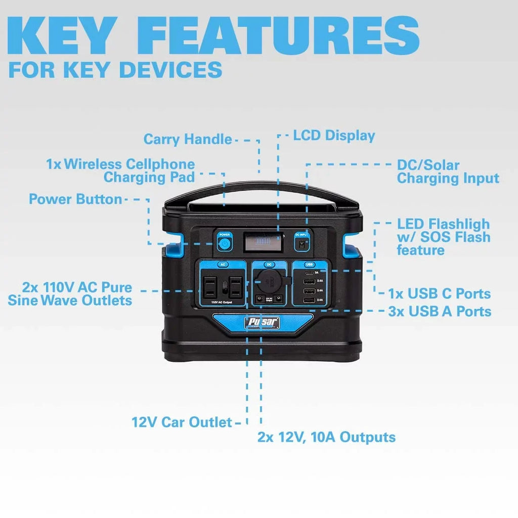 Display and Watt Charging with LCD Pulsar Portable Pad Capacity) Lithium-Ion (518Wh Power 500 Station Wireless