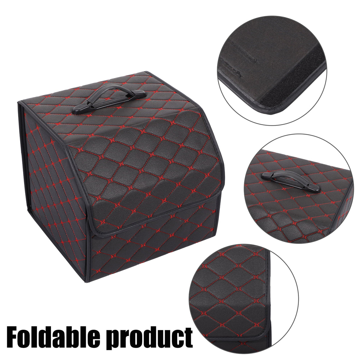 Bag Foldable Red PU Car Truck 33x31x29cm Boot SUV Trunk Black for Stitches Handle Organiser Leather Bag Storage with
