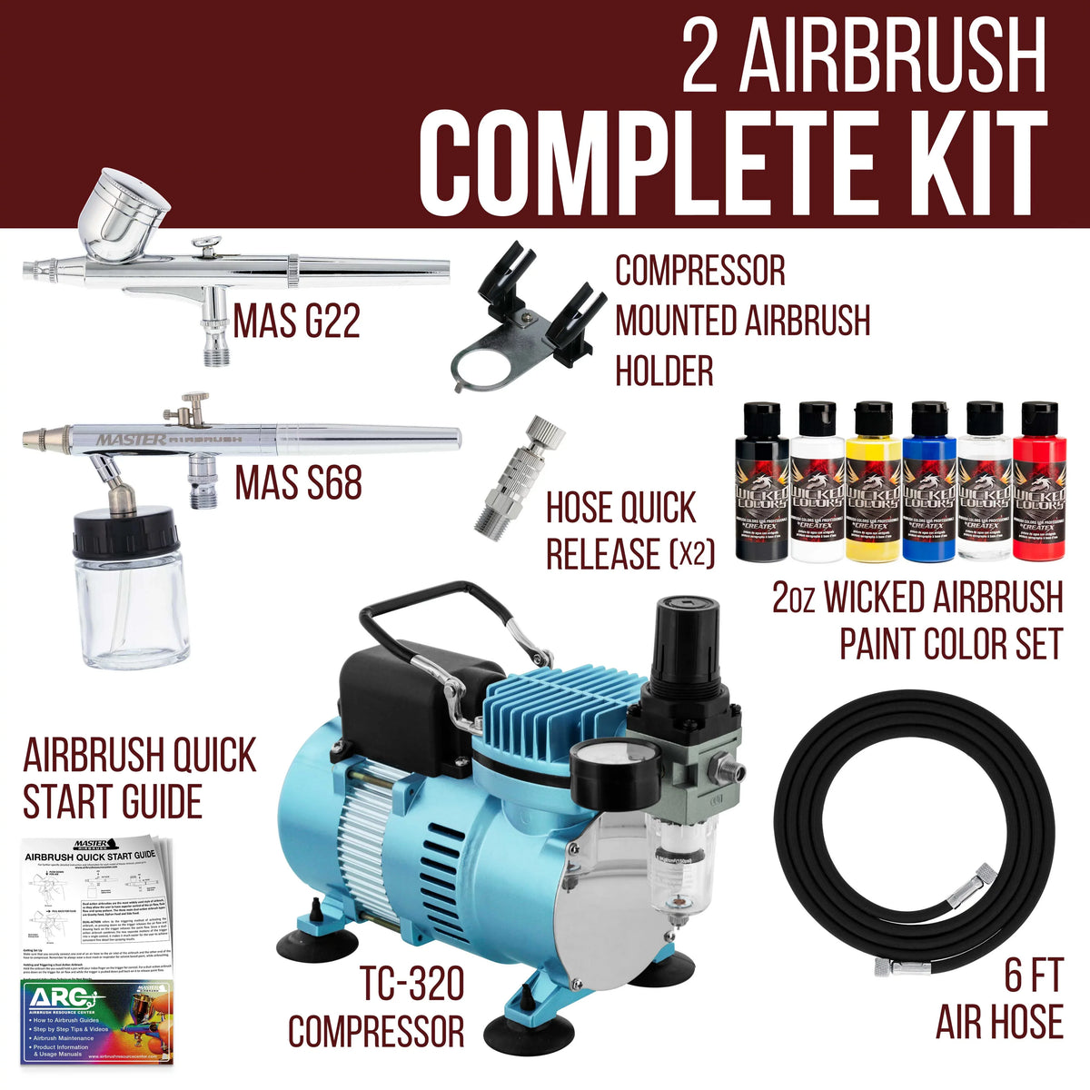 Master Hose Colors 6 TC-20, G22, with Professional S68, E91 Kit Airbrush Compressor Air Createx Master Wicked &